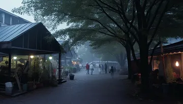 The image depicts a misty outdoor scene at dusk with people walking between stalls and canopies, highlighted by soft lighting from lamps and storefronts, evoking a tranquil, almost ethereal atmosphere.
