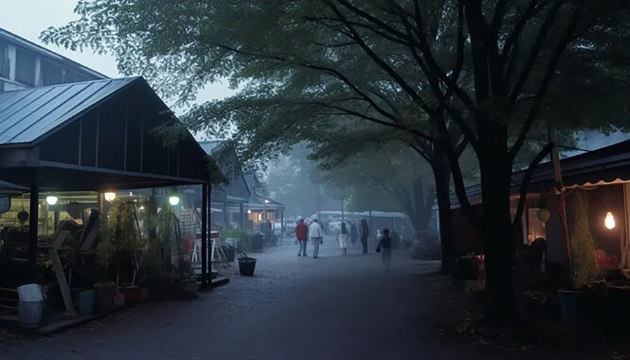 The image depicts a misty outdoor scene at dusk with people walking between stalls and canopies, highlighted by soft lighting from lamps and storefronts, evoking a tranquil, almost ethereal atmosphere.