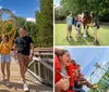 A group of four friends are walking and laughing together on a wooden bridge with a roller coaster in the background on a sunny day