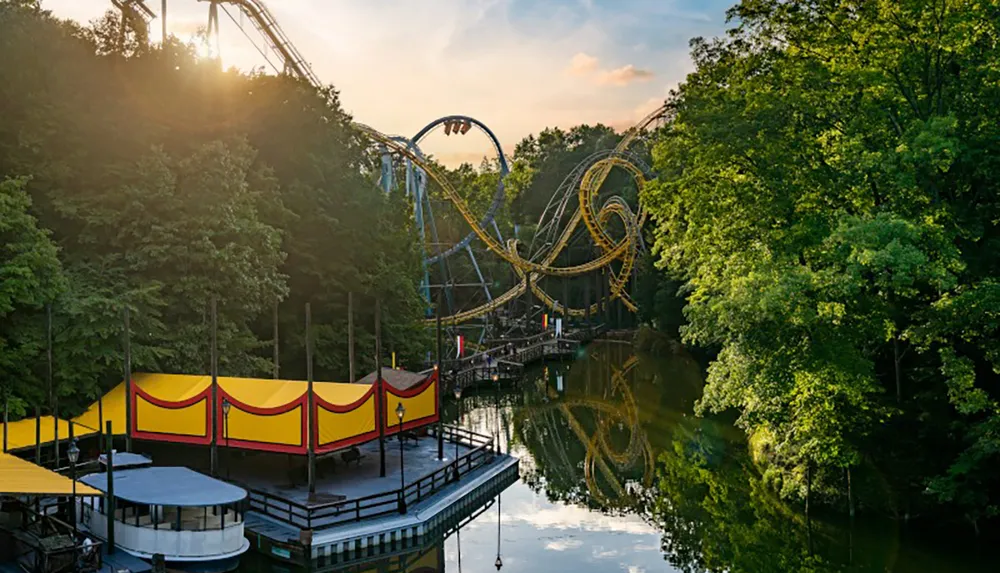 A large roller coaster winds through a lush green forest next to a reflective body of water at sunset