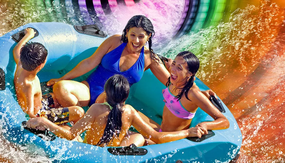 A group of people including children are enjoying a ride on a vibrant colorful water slide in a blue raft surrounded by sprays of water