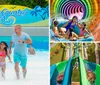 A group of people including children are enjoying a ride on a vibrant colorful water slide in a blue raft surrounded by sprays of water
