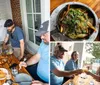 A group of people is engaged in outdoor dining with one person explaining or serving a dish at the table