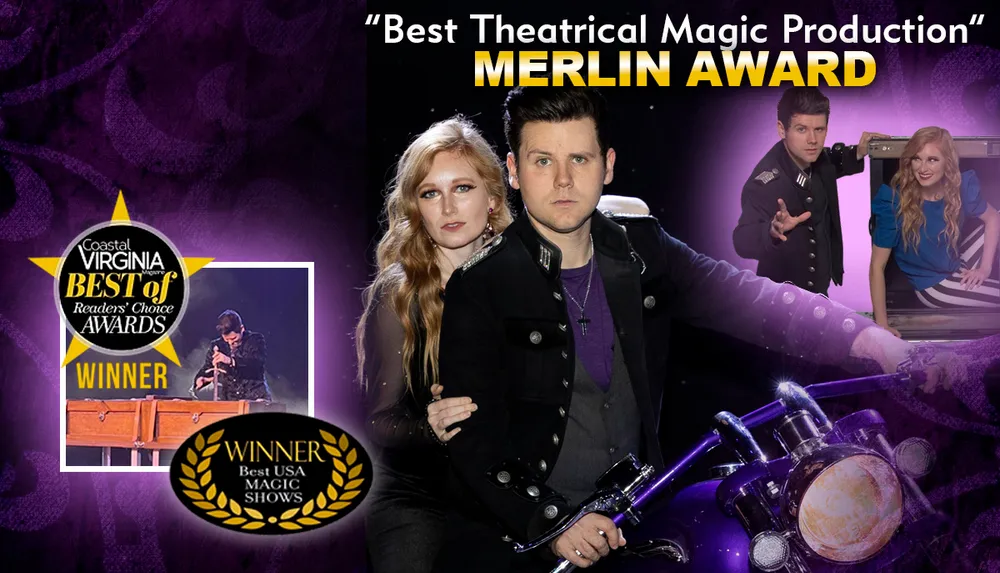 A man and woman strike a pose on a purple motorcycle against a dark starry backdrop