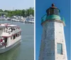 A tour boat named Miss Hampton II is cruising near a large naval aircraft carrier in a harbor