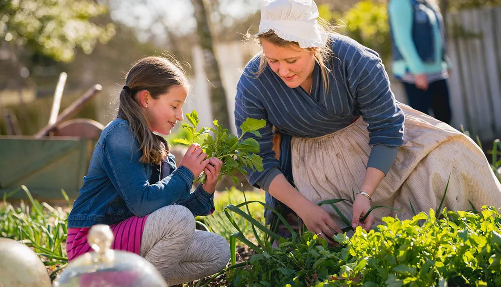 A young girl and a woman dressed in historical attire are tending to plants in a sunny garden