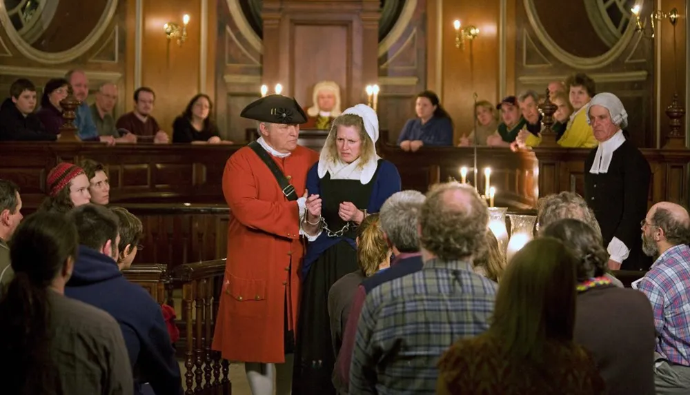 A man in a red coat stands beside a woman in historical dress who is chained and looks distressed in a courtroom setting with an audience watching the scene