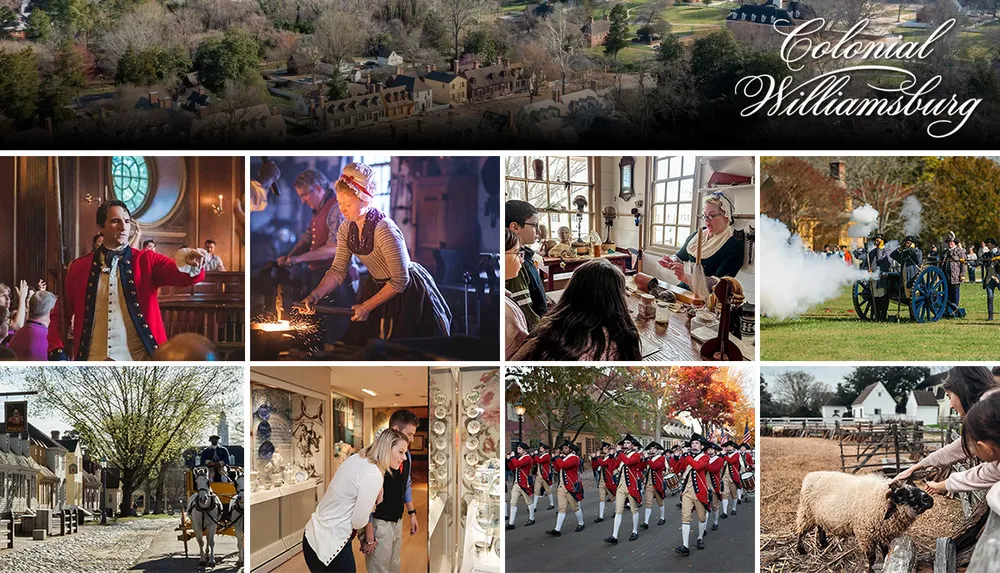 The image is a collage featuring various historical reenactments and activities at Colonial Williamsburg including costumed interpreters demonstrations of blacksmithing colonial crafts and a drum corps parade