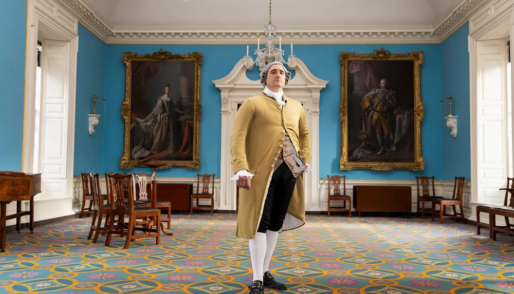 A person dressed in historical attire stands in an elegant room with blue walls and large portraits