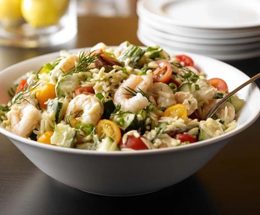 The image displays a large bowl containing a seafood pasta salad with shrimp various vegetables and garnished with herbs
