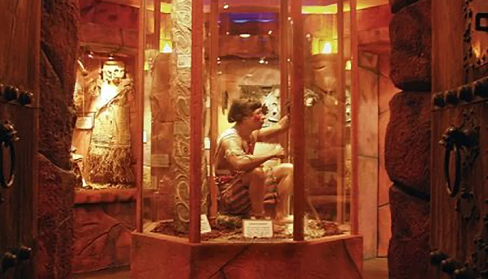 A person is sitting within a cylindrical glass enclosure surrounded by tribal decor and artifacts likely at a museum or themed exhibit