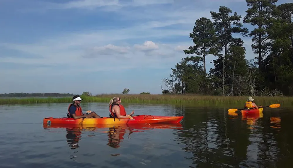 Three people are kayaking on a calm water body surrounded by greenery under a blue sky with scattered clouds