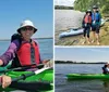 Two people are smiling while kayaking together on a sunny day