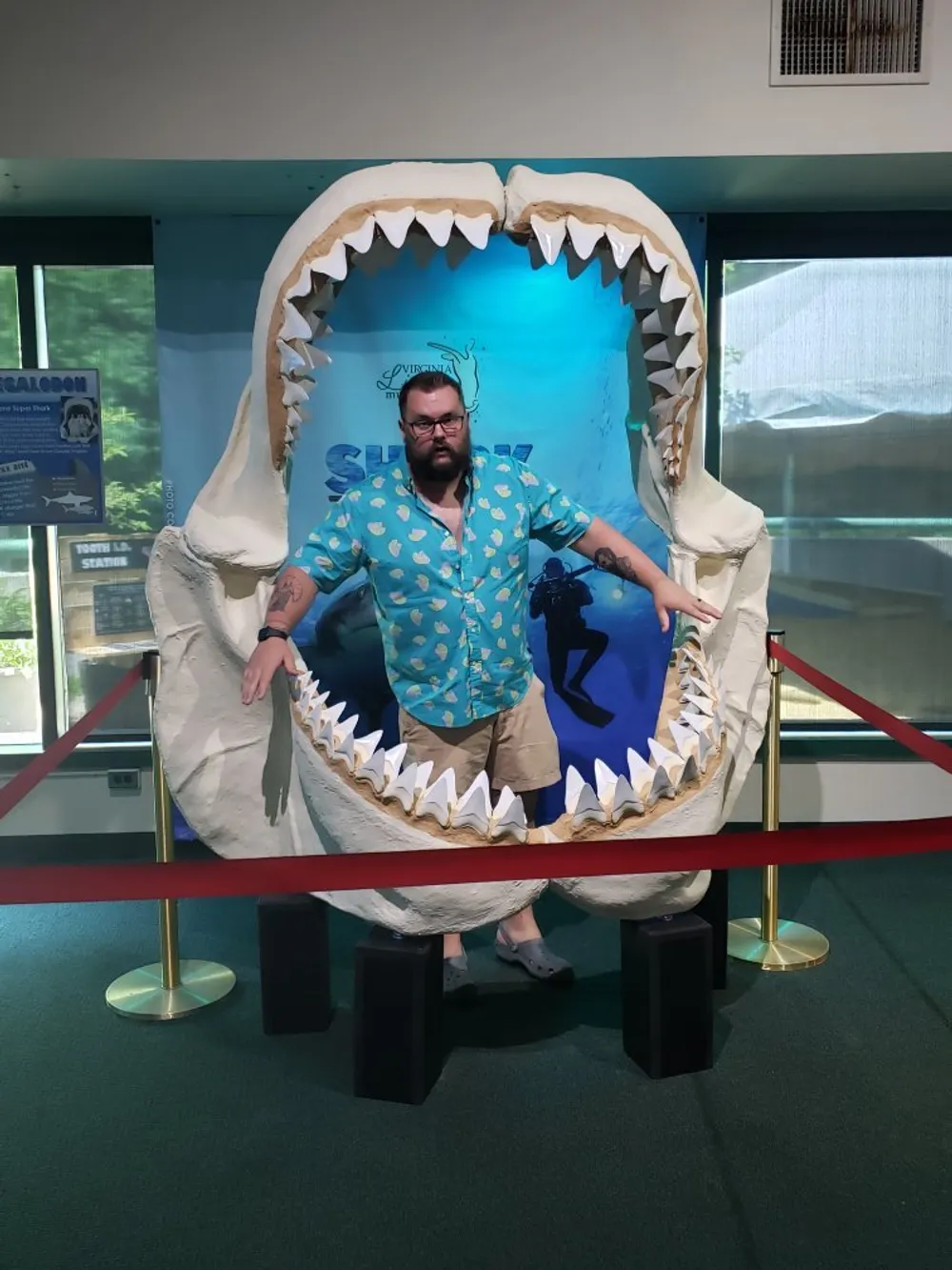 A person is standing in the open mouth of a large shark exhibit posing for a photo