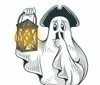 The image shows a logo for The Yorktown Hallowed Ground Candlelight Walking Tour featuring a cartoonish ghost wearing a hat holding a rifle and set against a yellow background with the text indicating the tour has been established in 1989