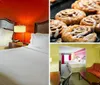 The image shows a bright and colorful hotel room with two beds a red accent wall and a view out the window