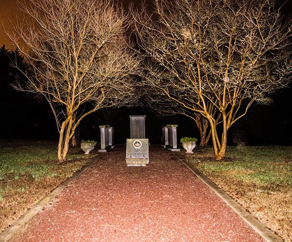 A nighttime view of a well-lit memorial pathway flanked by leafless trees and lined with monuments and urns