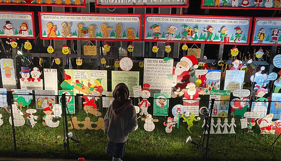A person is standing in front of a brightly lit, festive Christmas display with various decorations, signs, and figures.
