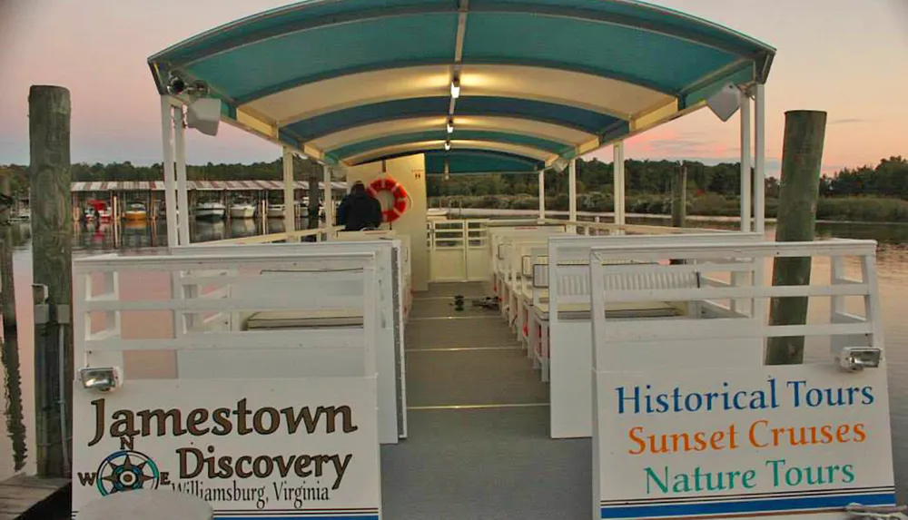 A boat named Jamestown Discovery is prepared for historical sunset and nature tours in Williamsburg Virginia