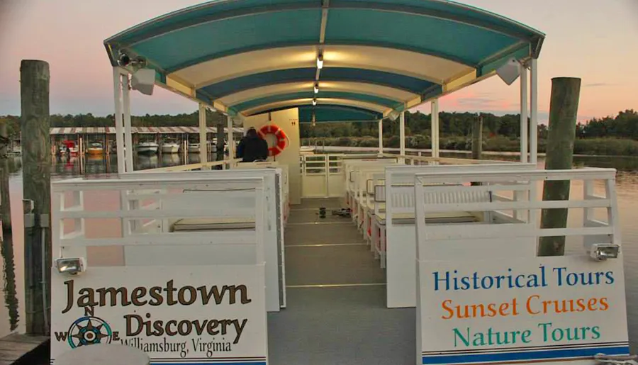 A boat named Jamestown Discovery is prepared for historical, sunset, and nature tours in Williamsburg, Virginia.