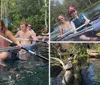 A group of individuals is kayaking in clear water with one person in a transparent kayak revealing the underwater view