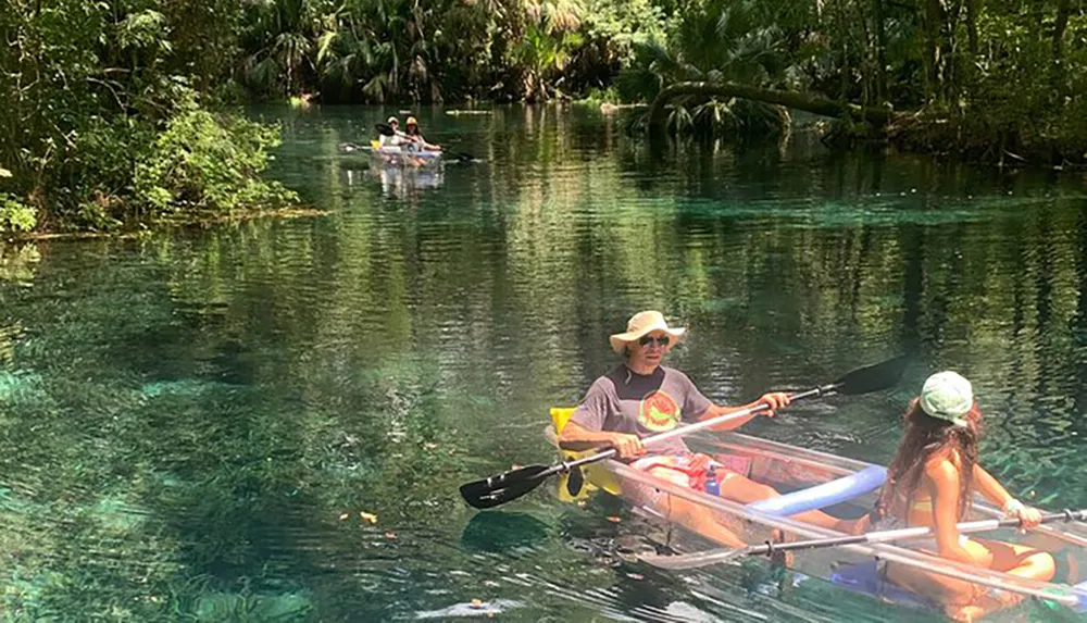 People are enjoying a clear and serene river in transparent kayaks surrounded by lush greenery