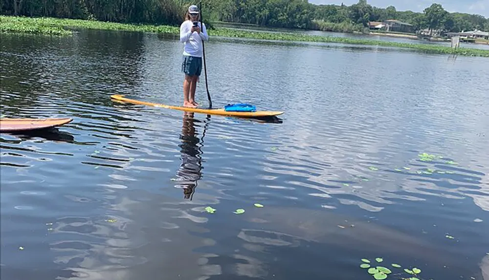 A person is standing on a paddleboard on a calm water surface holding a paddle and using a smartphone amidst a serene natural setting with vegetation in the distance