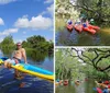 A group of people are standing on paddleboards in a waterway each holding a paddle aloft with a lush green backdrop and a bridge in the background