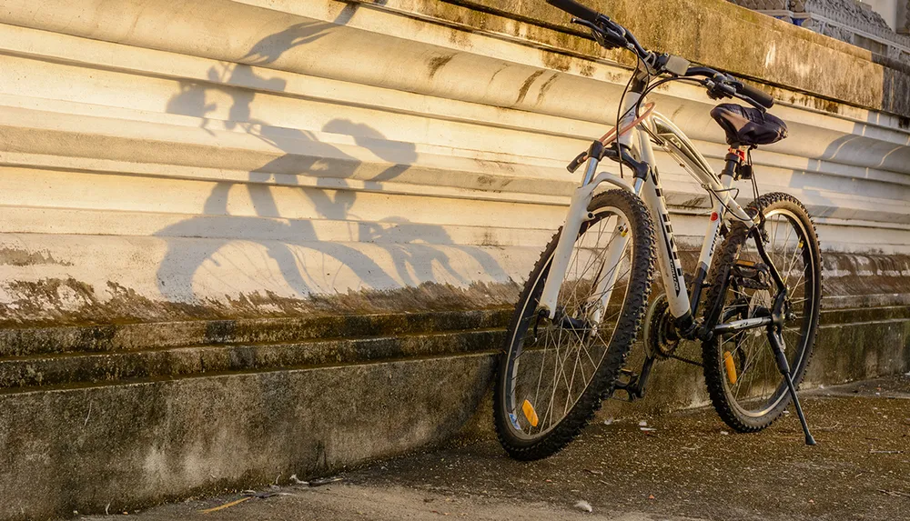 A mountain bike leans against a weathered staircase casting a long shadow in the warm light of the sun