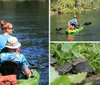 A person is kayaking on a clear and calm body of water surrounded by natural scenery