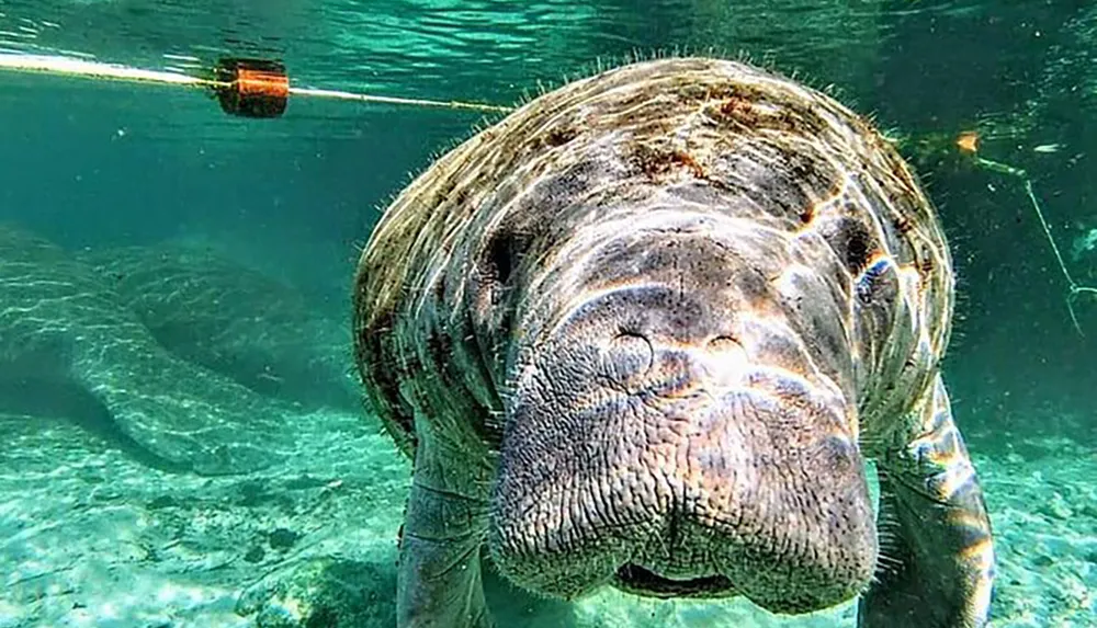 The image shows a large manatee swimming close to the surface in clear blue water