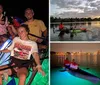 Four people are smiling and posing at night on a transparent canoe with underwater lighting that reveals the sea life below