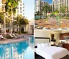 The image shows a tranquil hotel pool area lined with palm trees and loungers reflecting the serene ambiance of a relaxing resort