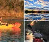 Two people are enjoying a kayak ride on calm waters during a warm golden hour