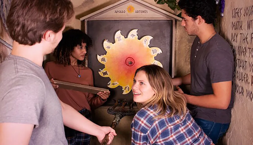 Four people are engaging in an escape room puzzle working together to solve a challenge involving a circular sun-shaped artifact with puzzle pieces