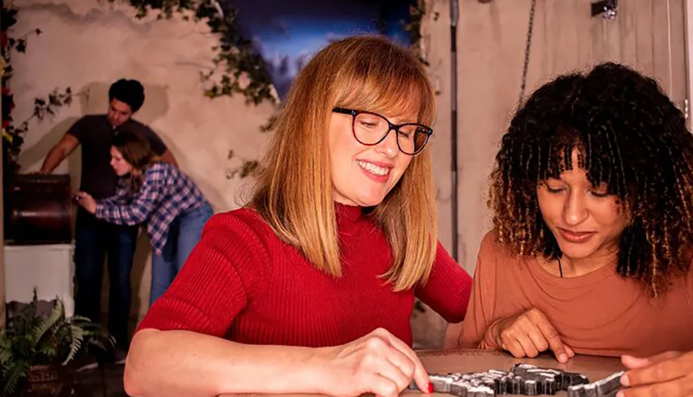 Two women are smiling and focused on a puzzle or game while a man and another woman in the background seem to be examining or fixing a piece of furniture in a room with a cozy homey aesthetic