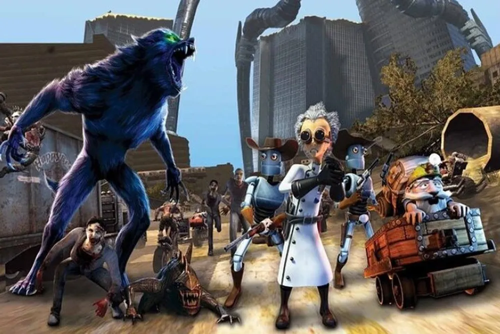 The image depicts a dynamic scene from an animated work featuring a variety of characters including a large blue creature an individual in a lab coat with goggles and an array of fantastical beings set against a backdrop of ruined city buildings