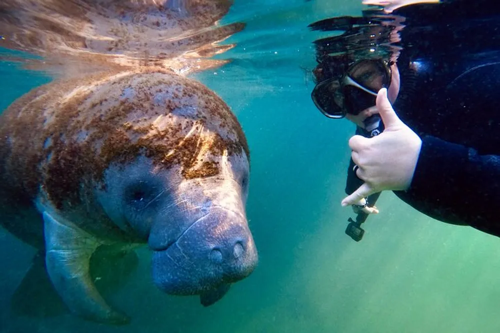 A scuba diver is making a thumbs-up gesture in clear water next to a large friendly-looking manatee