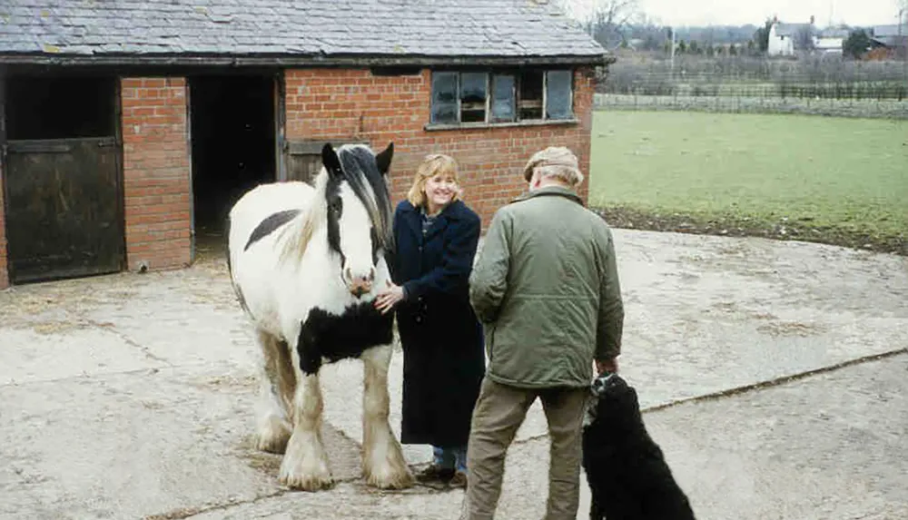Two people one smiling at the camera are standing near a piebald horse with a black dog nearby in what looks like a farmyard environment