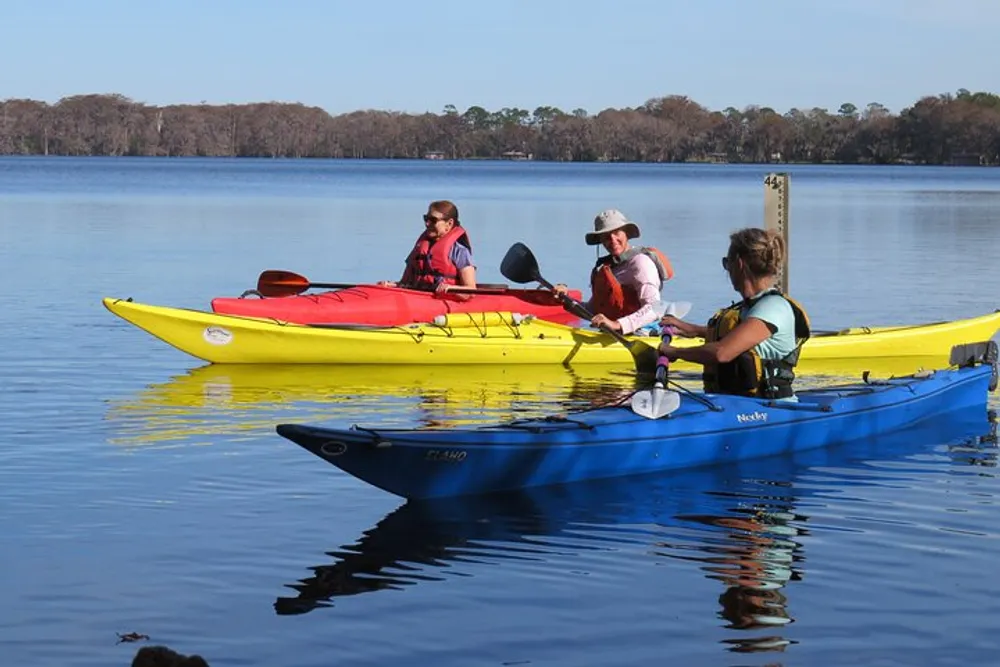 Three people are kayaking on calm waters enjoying the sunny weather