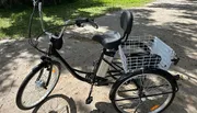 The image shows a black electric tricycle with a large white wire basket on the rear, parked on a dirt path with grass and trees in the background.