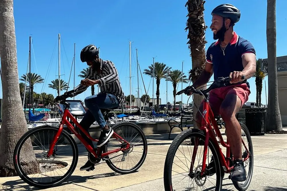 Two people are riding bicycles on a sunny day near a marina with palm trees and boats in the background