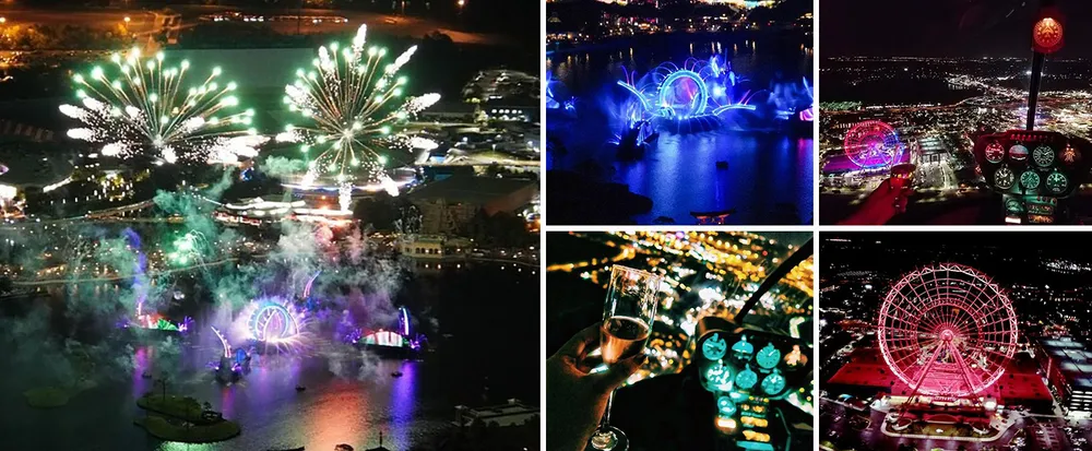 The image depicts four different nighttime scenes featuring vibrant lighting and fireworks with views of brightly lit Ferris wheels and festive celebrations