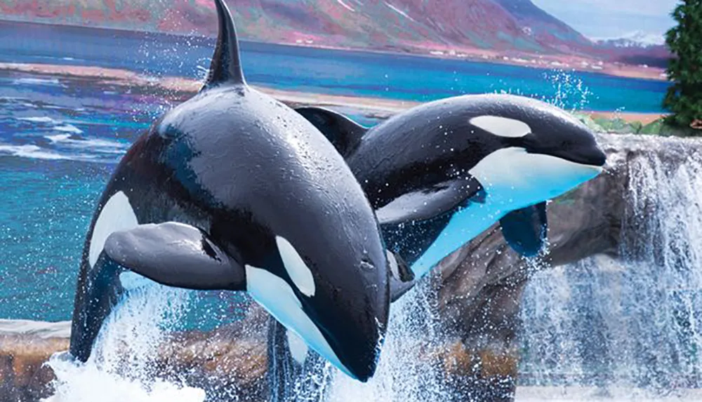 Two orcas are leaping out of the water in a synchronized performance with a backdrop that simulates a natural environment