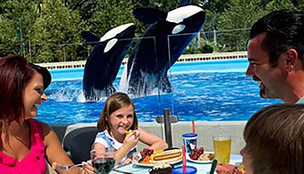 A family is enjoying a meal at an outdoor table near a pool while two orcas jump in the background
