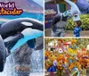 Two orcas are leaping out of the water at SeaWorld Spooktacular promoting a Halloween event with trick-or-treating and silly characters