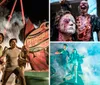 The image is a promotional advertisement featuring two people in horror makeup representing zombies or ghouls for the SeaWorld Howl-O-Scream event in Orlando running select nights from September 8 to October 31 2023