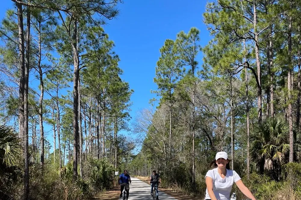Three people are on a sunny path surrounded by tall pine trees with two of them cycling and one standing closer to the camera smiling