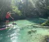 A group of people are enjoying paddleboarding and kayaking amidst lush greenery in a clear water stream