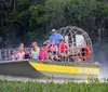 An airboat with passengers is gliding through a sunny and lush wetland